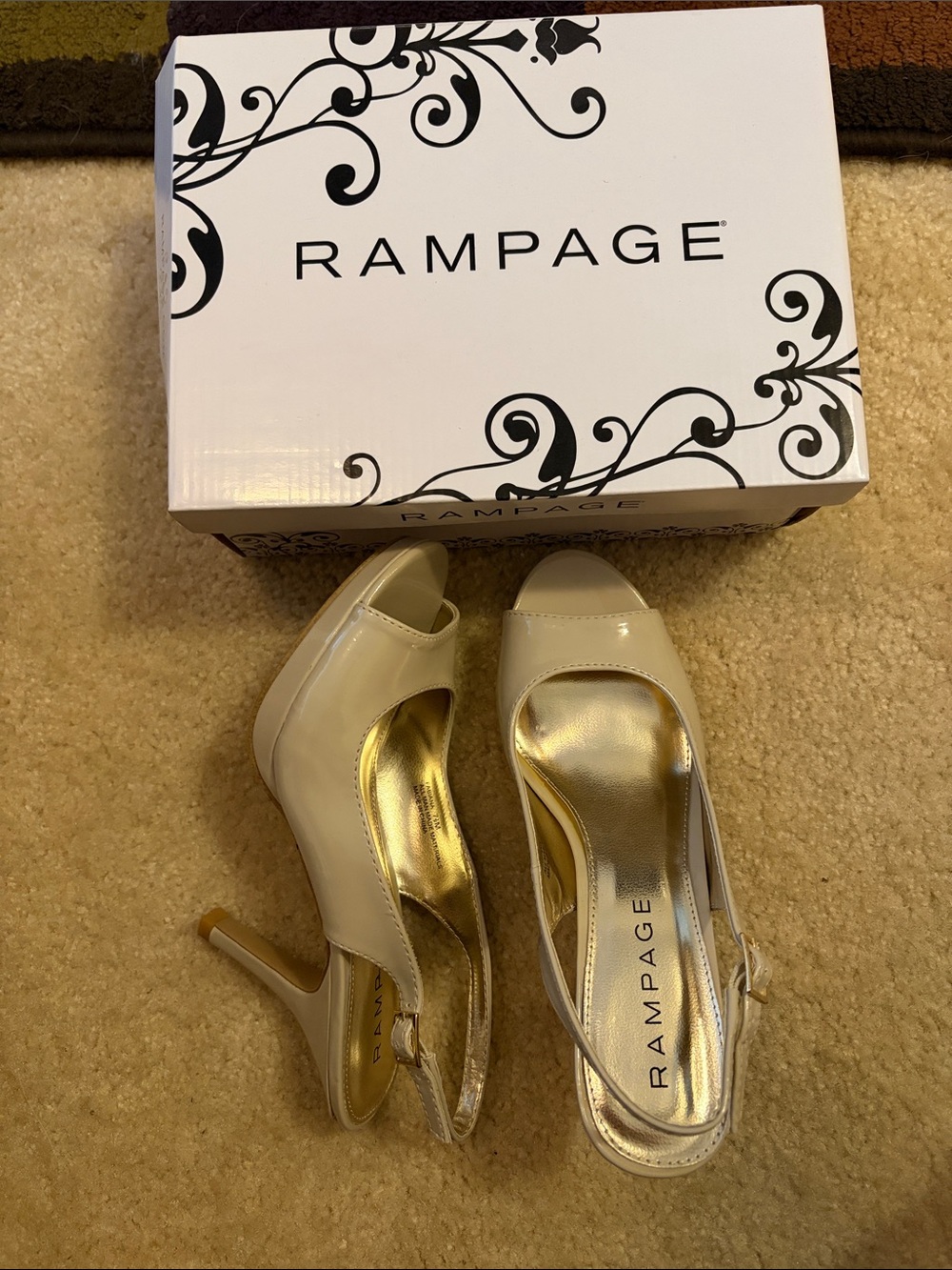 NIB Rampage Cream Patent Peep-Toe Slingback Heels